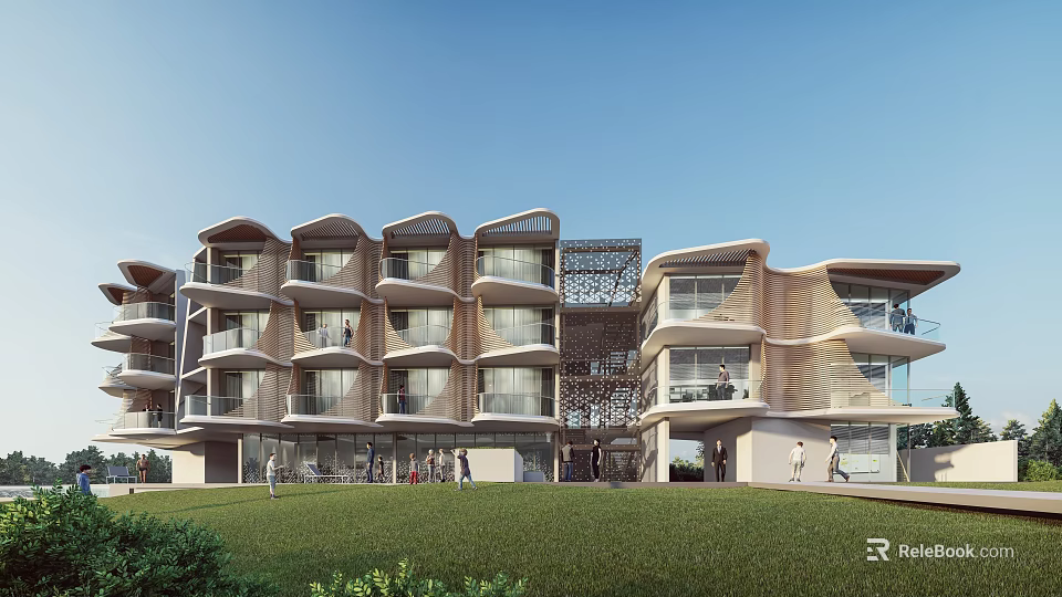Modern Hotel Building With Curved Exterior Structure Large Glass Windows Balconies Surrounded By Green Lawn 3d model 