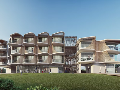 Modern Hotel Building With Curved Exterior Structure Large Glass Windows Balconies Surrounded By Green Lawn 3d model