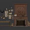 Vintage Carved Wooden Fireplace With Wood Logs Deer Antlers Picture Frames And Small Bench
