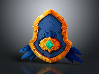 3D Rendered Orange Blue Shield With Central Green Red Gemstone And Shiny Decorative Edges 3d model