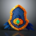 3D Rendered Orange Blue Shield With Central Green Red Gemstone And Shiny Decorative Edges