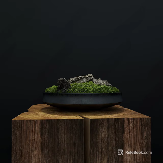Natural Moss Decorative Bowl with Stones Placed on Wooden Stump 3d model 