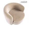 Beige Velvet Leisure Chair With Rounded Design Armrests And Dark Wooden Base