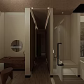 Hotel Room Interior With Cozy Sofa Wooden Chairs And Round Coffee Table