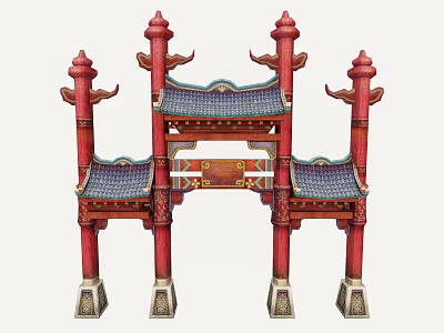 Traditional Chinese Paifang with Red Pillars Blue Tiled Roof and Decorative Carvings 3d model