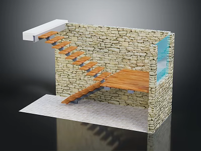 Stone Wall Structure With Wooden Stairs Platform And Glass Accent Area Design 3d model