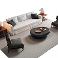 Modern White Sofa And Round Coffee Table Set With Black Pillows Side Tables And Armchairs