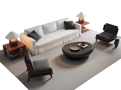 Modern White Sofa And Round Coffee Table Set With Black Pillows Side Tables And Armchairs 3d model