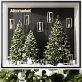 Store Window Display Decoration with Decorated Christmas Trees Snowflakes Ornaments and Lights