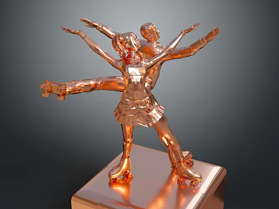 Golden Game Anime Character Figure Skating Statue With Extended Arms And Skates On Square Base 3d model