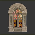 Traditional Casement Window With Arched Stained Glass And Stone Carved Decorative Frame