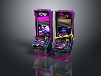 Two Pink Purple Illuminated Retro Computer Arcade Machines With Dream Screen Displays 3d model