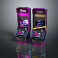 Two Pink Purple Illuminated Retro Computer Arcade Machines With Dream Screen Displays