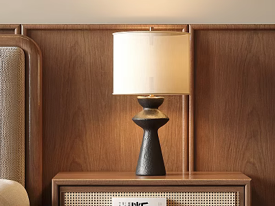 Black Table Lamp With Beige Fabric Shade On Wooden Bedside Table Against Wooden Wall Panel 3d model