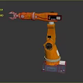 Orange Robotic Arm Game Movie Character With Silver Claw Black Control Panel And Blue Base