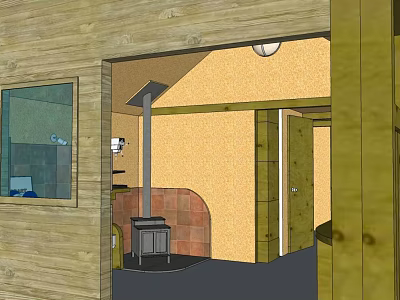 Wooden House Interior Design With Wooden Walls Stove And Warm Lighting 3d model