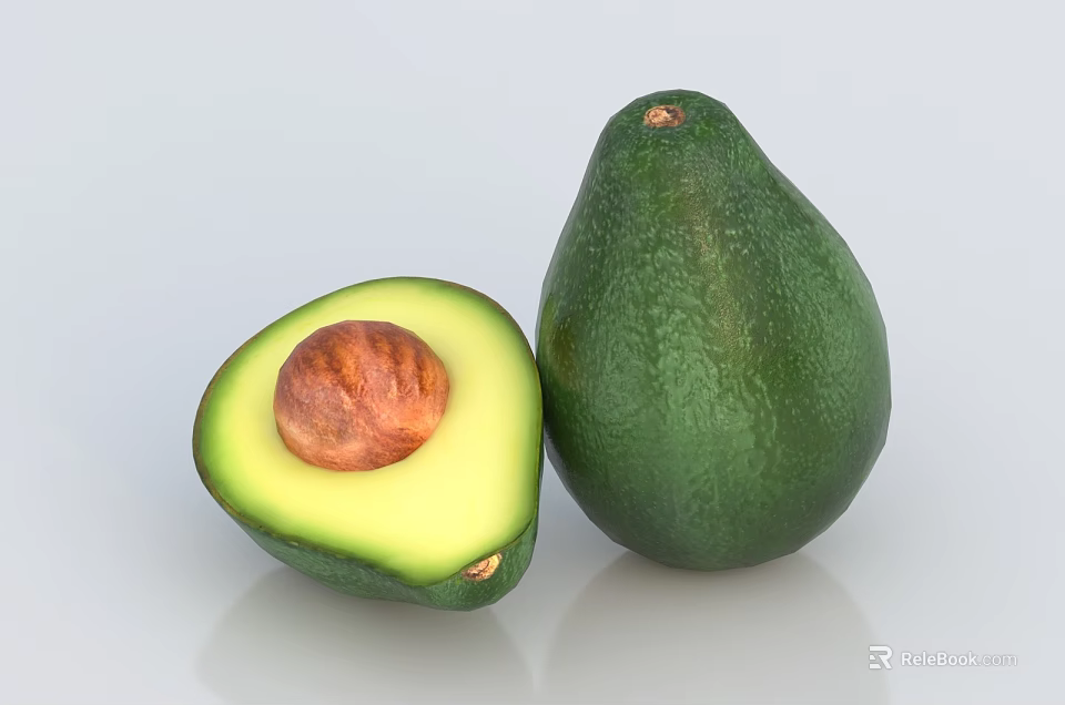 Fresh Green Avocado Whole and Halved with Seed and Creamy Flesh 3d model 