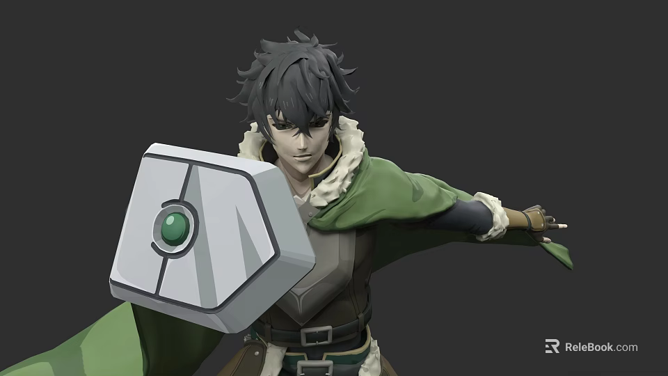 Game Movie Character Gray Hair Green Cloak Holding Shield With Green Gem And Brown Outfit 3d model 