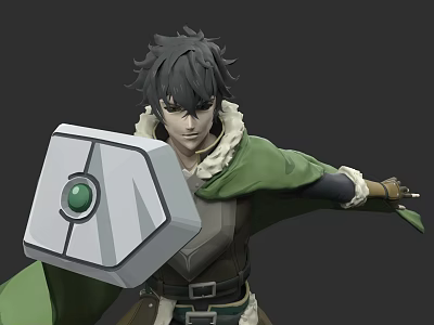 Game Movie Character Gray Hair Green Cloak Holding Shield With Green Gem And Brown Outfit 3d model