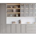 Elegant Modern Gray Wine Cabinet With Glass Doors LED Lighting Display Shelves And Storage Drawers