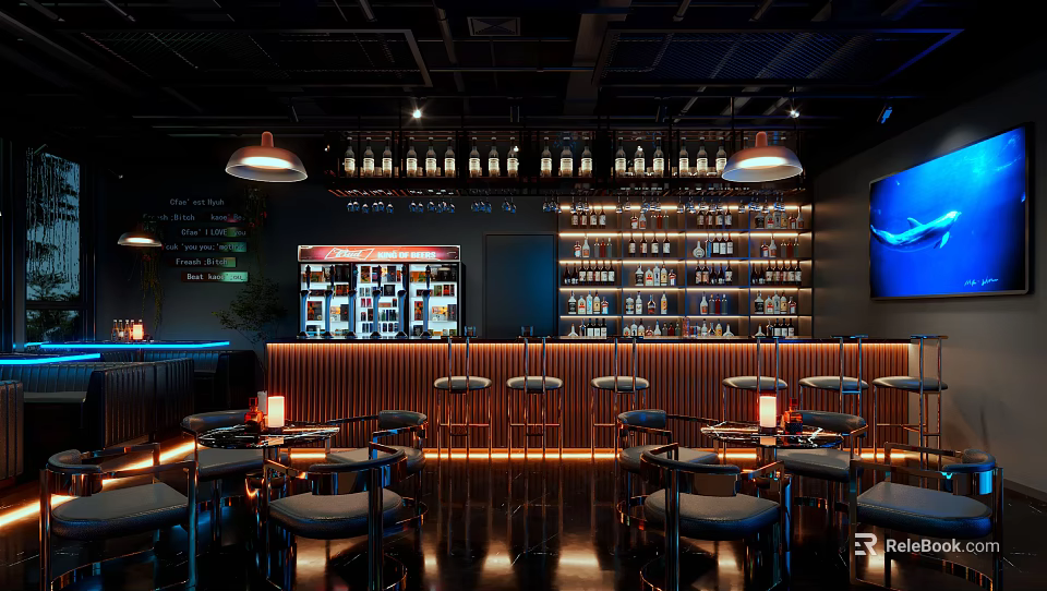 Elegant Bar Interior With Wooden Counter Stools Pendant Lights And Illuminated Liquor Shelves 3d model 