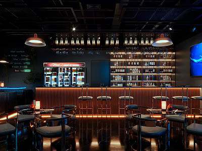 Elegant Bar Interior With Wooden Counter Stools Pendant Lights And Illuminated Liquor Shelves 3d model