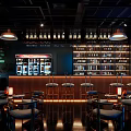 Elegant Bar Interior With Wooden Counter Stools Pendant Lights And Illuminated Liquor Shelves