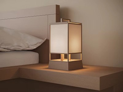Modern Minimalist Table Lamp Lit on Bedroom Bedside Table with Shade Design 3d model