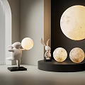 Modern Moon Shaped Floor Lamp With Rabbit Figurines In Interior Decor 3d model