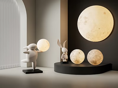 Modern Moon Shaped Floor Lamp With Rabbit Figurines In Interior Decor 3d model