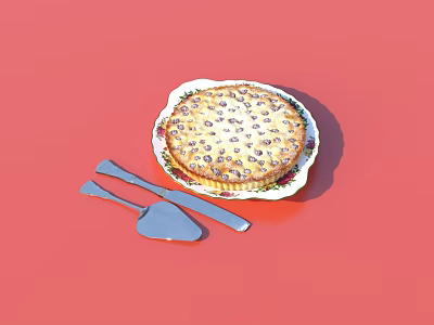 Delicious Fruit Pie On Decorative Plate With Pie Server And Knife On Red Background 3d model