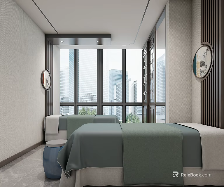 Relaxing SPA Sauna Interior With Massage Beds City View And Modern Decor 3d model 