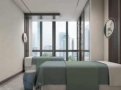 Relaxing SPA Sauna Interior With Massage Beds City View And Modern Decor 3d model