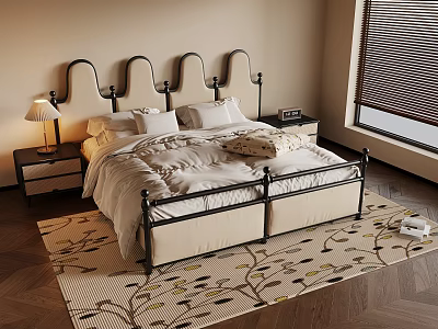 Cozy Modern Bedroom With Black Metal Bed Frame Nightstand Lamp And Area Rug 3d model
