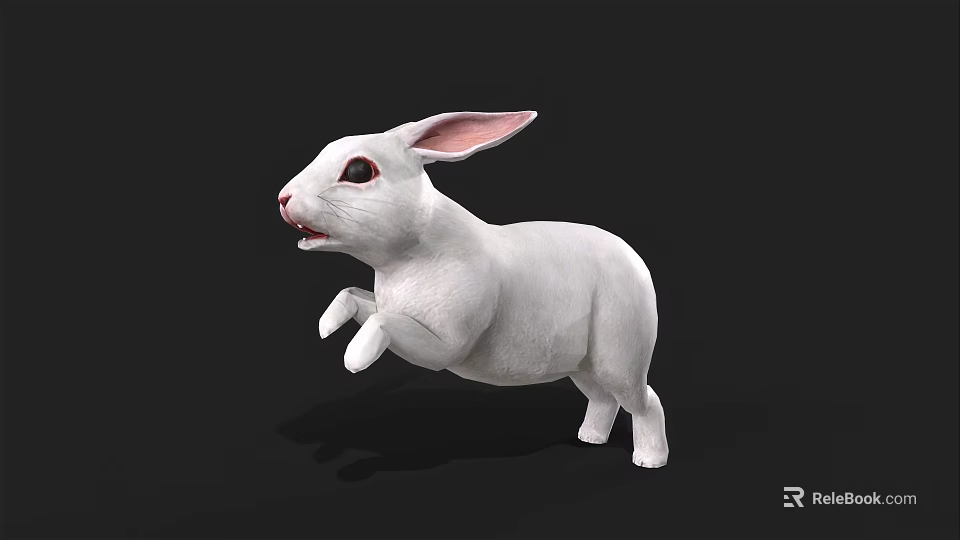 White Rabbit 3D Model With Pink Ears Red Eyes In Jumping Pose On Black Background 3d model 