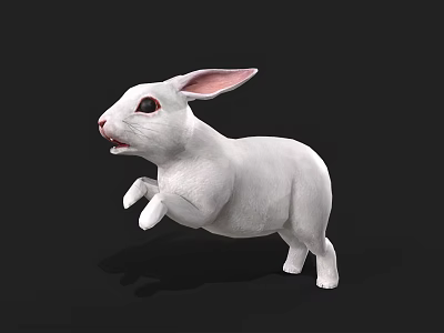 White Rabbit 3D Model With Pink Ears Red Eyes In Jumping Pose On Black Background 3d model