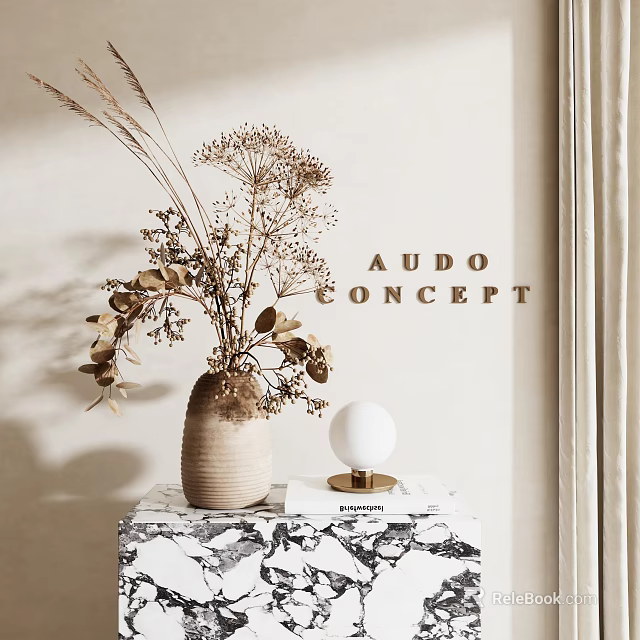 Ceramic Vase with Dried Flowers on Marble Table and White Spherical Lamp Interior Decor 3d model 
