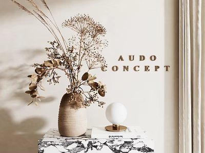 Ceramic Vase with Dried Flowers on Marble Table and White Spherical Lamp Interior Decor 3d model