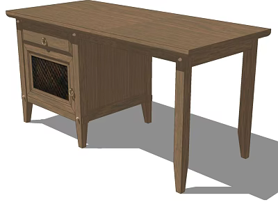 Brown Wooden Desk With Drawer And Mesh Door Cabinet Design 3d model
