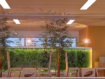 Hotel Public Lounge Area Featuring Living Plant Wall Large Windows And Modern Pendant Lights 3d model