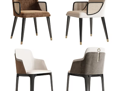 Elegant Modern Accent Chairs With Rattan Armrests Brown White Gray Fabric And Black Legs 3d model