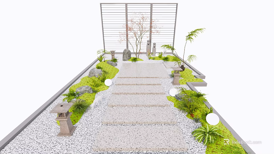 Zen Garden Stepping Stone Path With Green Plants Stone Lanterns Lattice Screen And Tree 3d model 