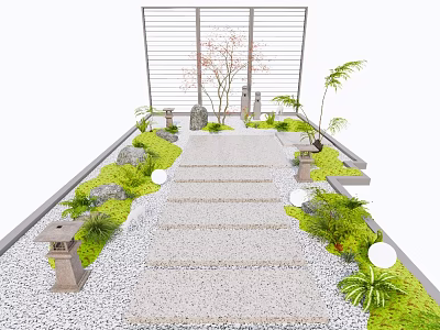 Zen Garden Stepping Stone Path With Green Plants Stone Lanterns Lattice Screen And Tree 3d model