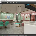 Bubble Tea Shop Interior Featuring Green Pink Walls Circular Decorations Green Chairs And Marble Counter