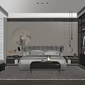 Modern Bedroom Interior With King Size Bed Round Decorative Painting Green Chair And Built In Wardrobe
