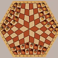 Hexagonal Board Game With Red And White Checkerboard Pattern And Circular Pieces On Marked Edges