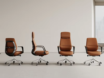Four Modern Brown Office Chairs Arranged with Wheels and Different Angles 3d model