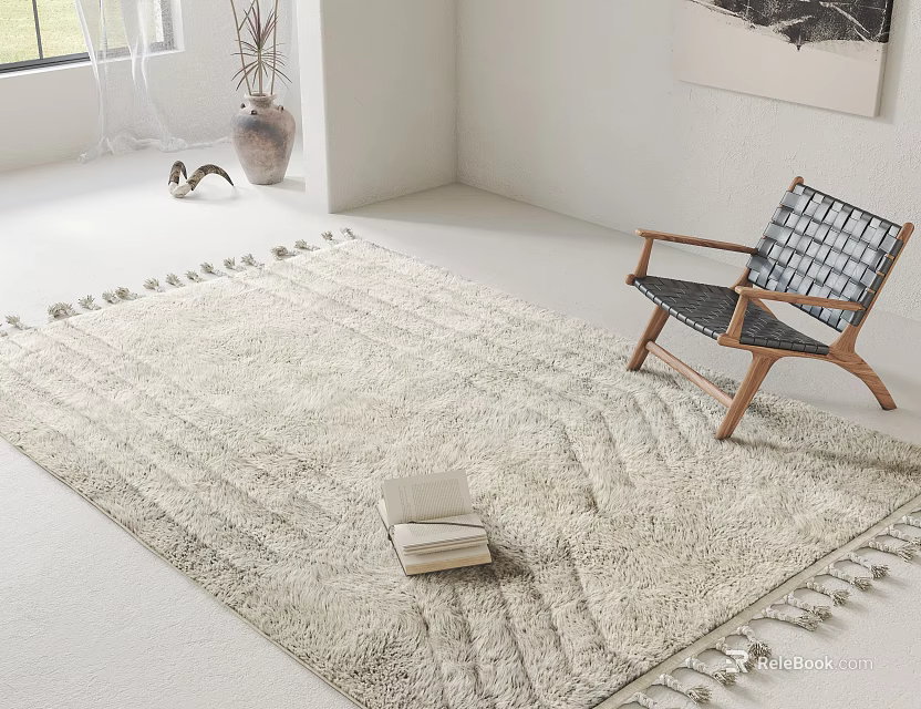 Neutral Beige Square Area Rug Soft Textured Tassel Trim With Books Near Wooden Chair 3d model 