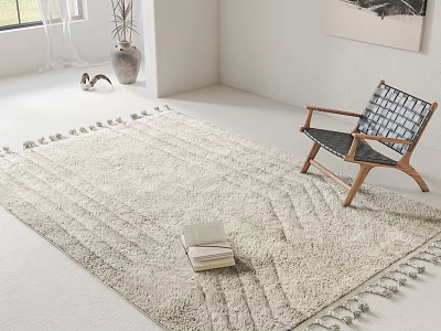 Neutral Beige Square Area Rug Soft Textured Tassel Trim With Books Near Wooden Chair 3d model