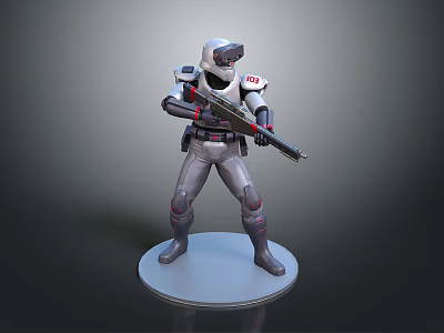 Sci Fi Game Movie Character With White Helmet Gray Armor Rifle And Red Accents Standing Pose 3d model